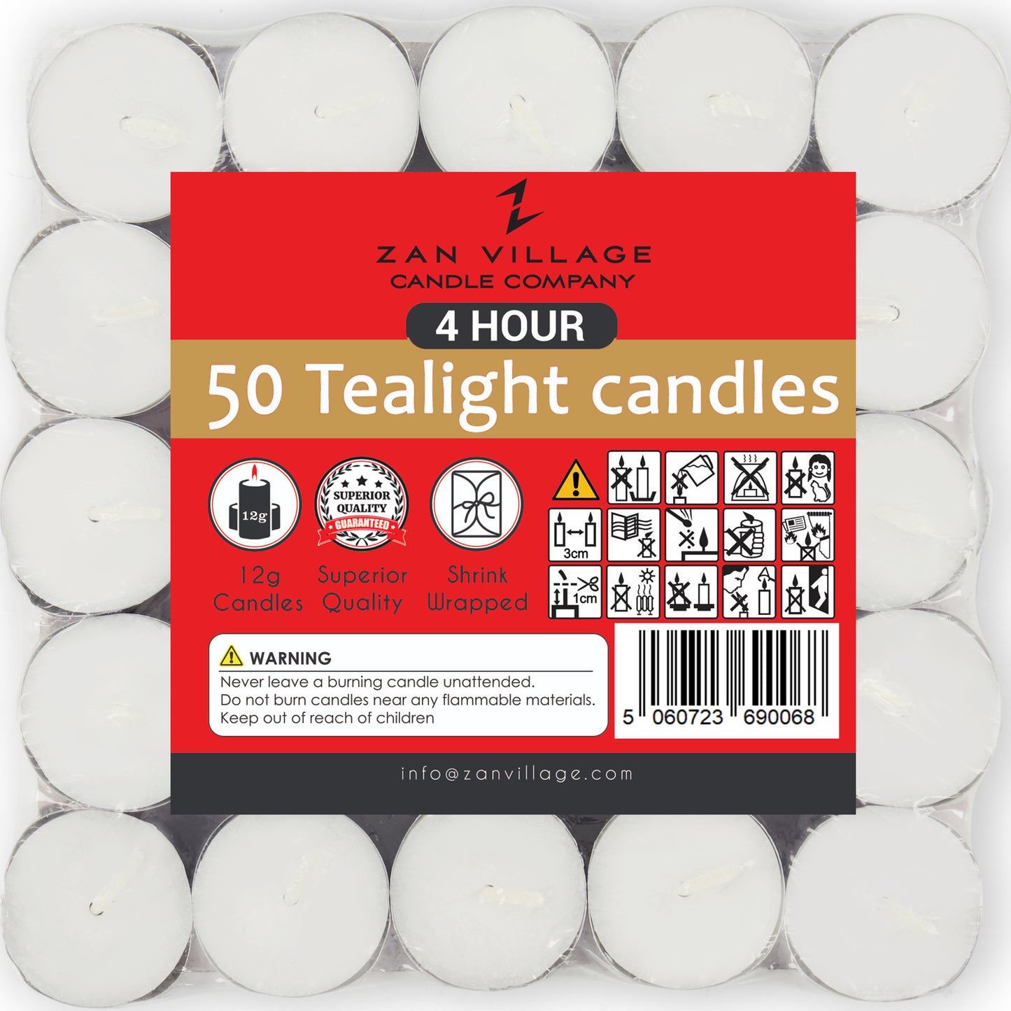 4 Hour Tealights - 50 Unscented White Candles