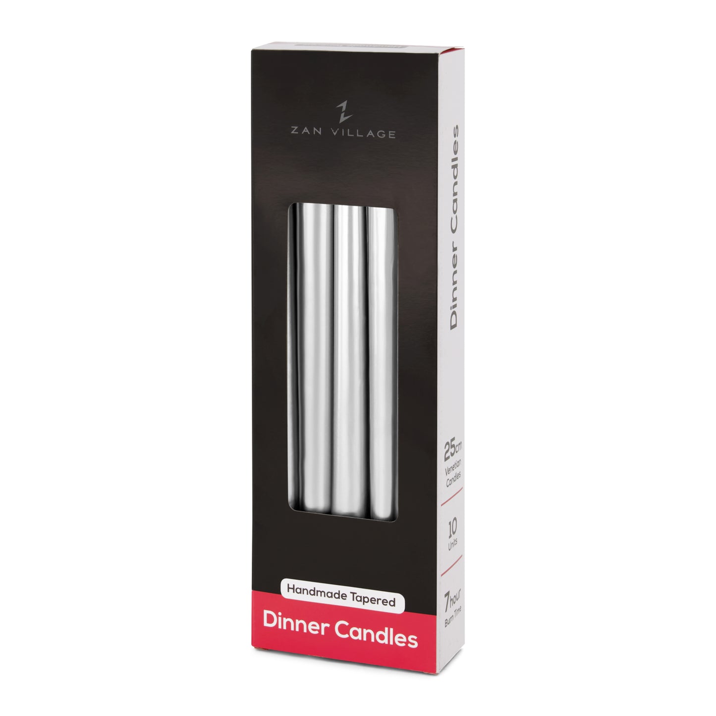 Pack of 10 Tall Dinner Candles, Dripless, 7 Hour Burn Time - Silver
