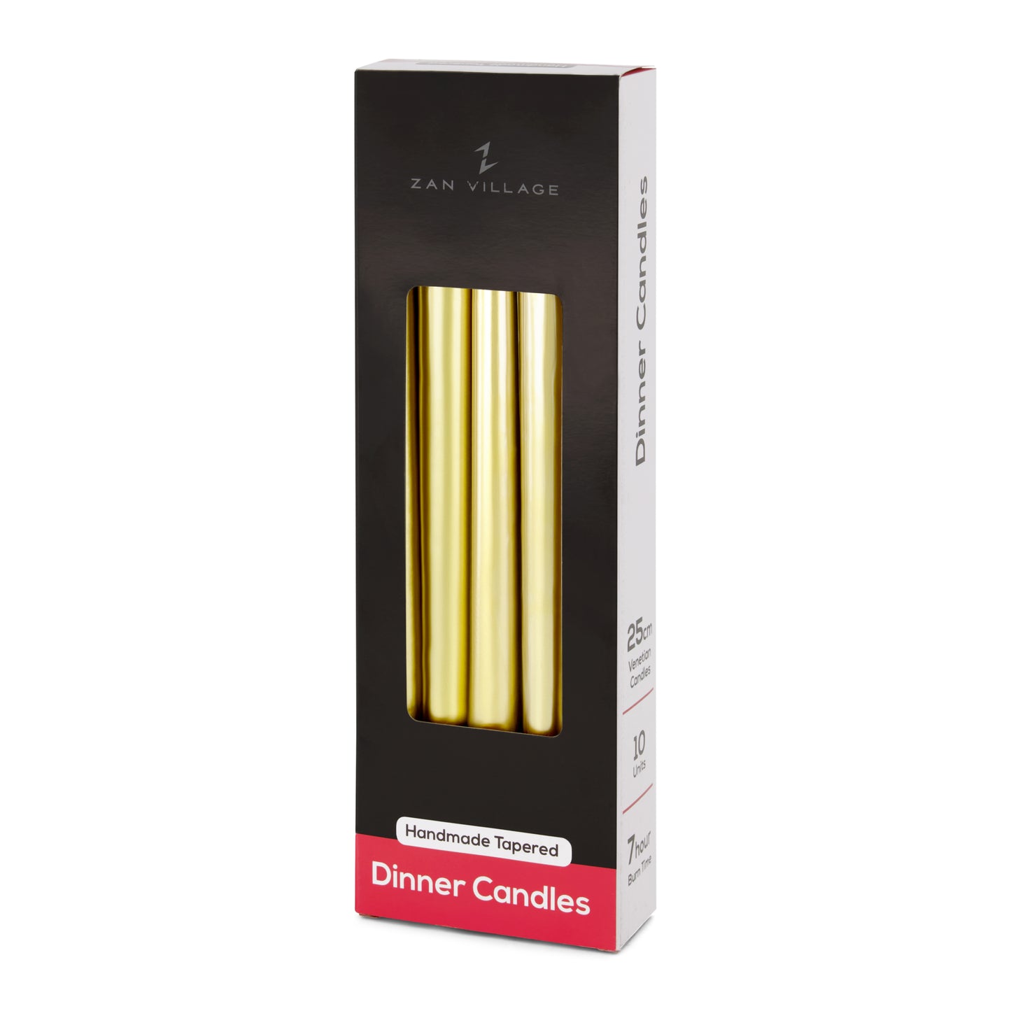 Pack of 10 Tall Dinner Candles, Dripless, 7 Hour Burn Time - Gold