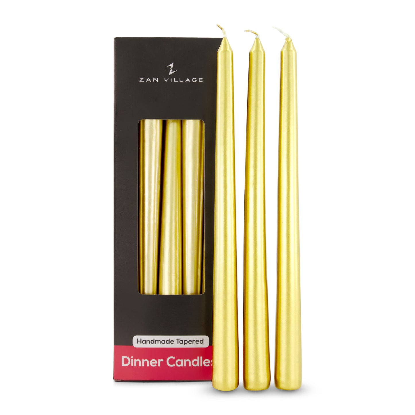 Pack of 10 Tall Dinner Candles, Dripless, 7 Hour Burn Time - Gold
