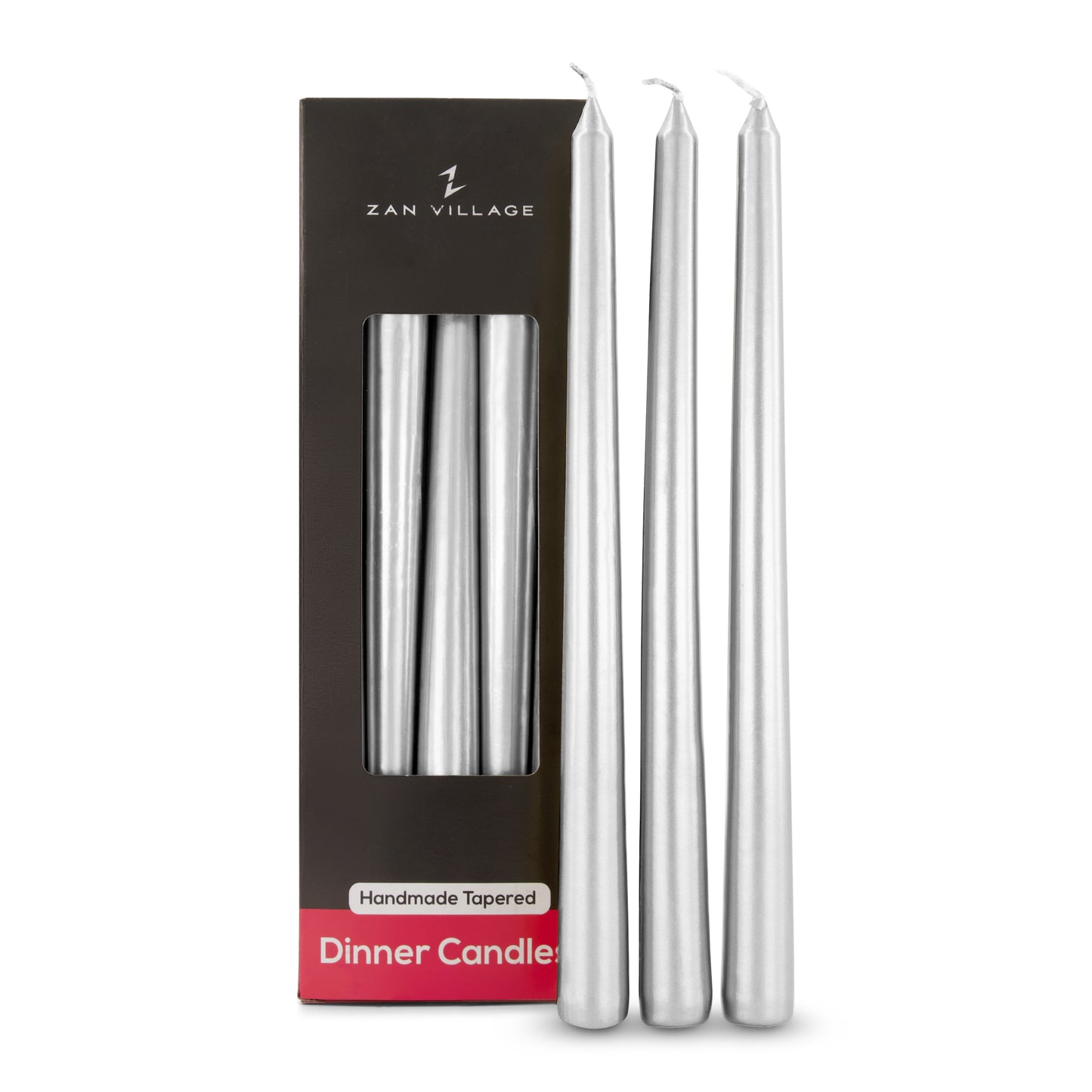 Pack of 10 Tall Dinner Candles, Dripless, 7 Hour Burn Time - Silver